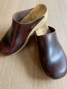 Vintage Brown Leather Swedish Clogs, Women’s Size 39 European